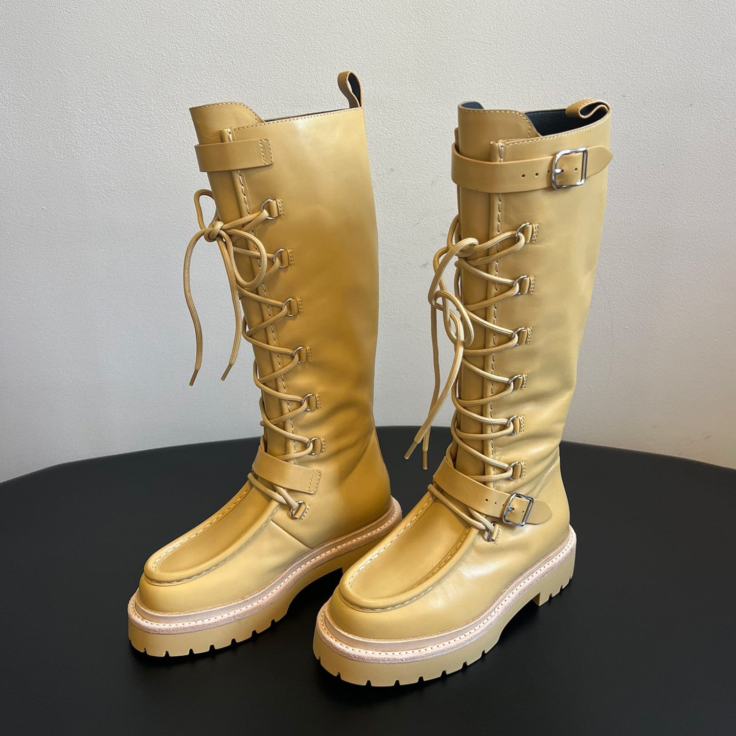 Hermes Women's Fall/Winter Landscape Boots Lace-Up Round-Toe High-Top Boots Solid-Color Cowhide Casual Shoes Heel Height: 3.5cm Ngvp #2326