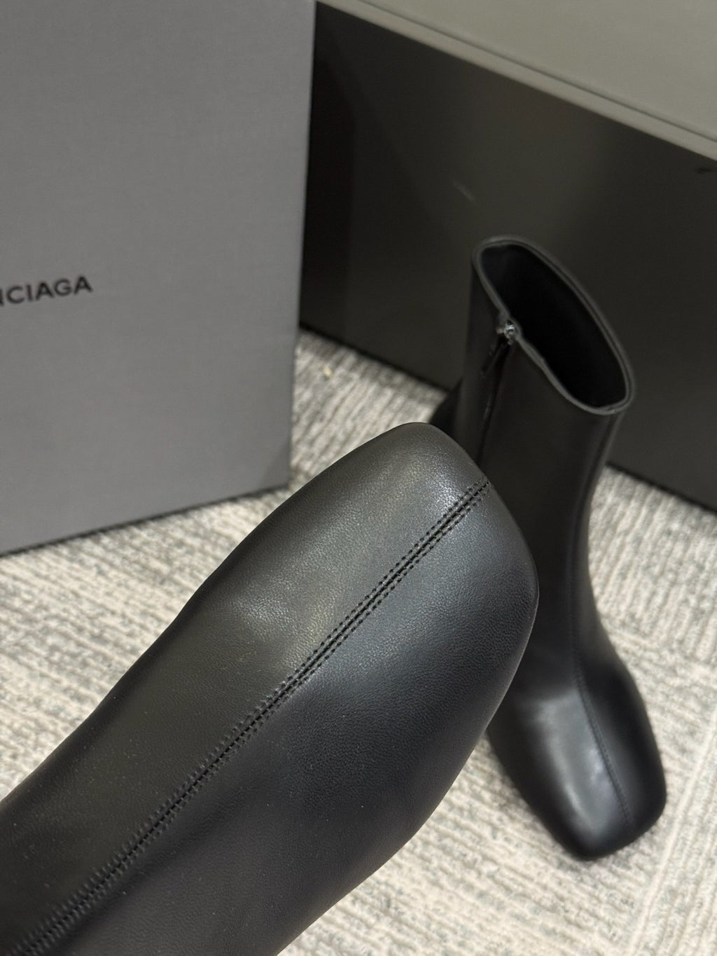 Balenciaga DUTY FREE Women's Solid Color Letter Print Cowhide Square Toe Chunky Heel Short Boots Shoes #77869