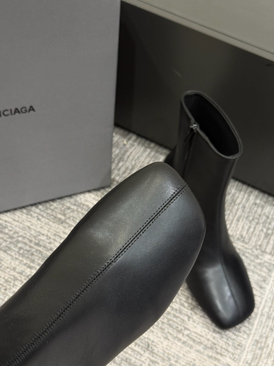 Balenciaga DUTY FREE Women's Solid Color Letter Print Cowhide Square Toe Chunky Heel Short Boots Shoes #77869