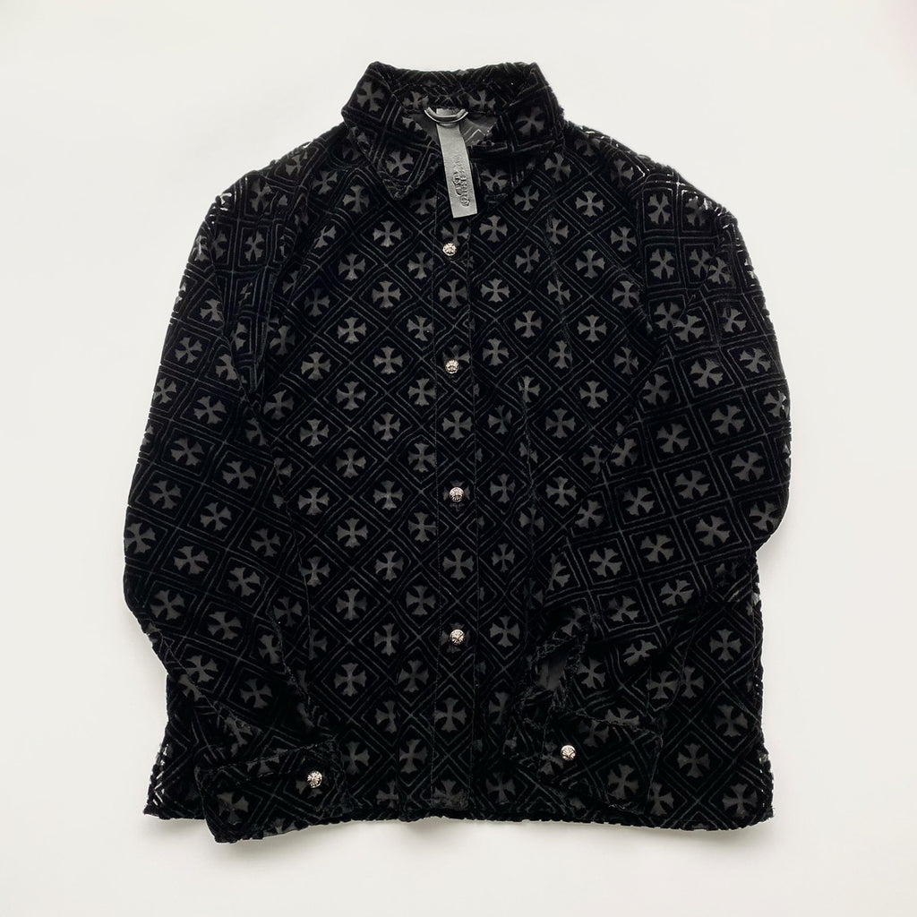Chrome Hearts Women's Summer Fashion Hollow Cross Black Velvet Single Breasted Long Sleeved Shirt #99825