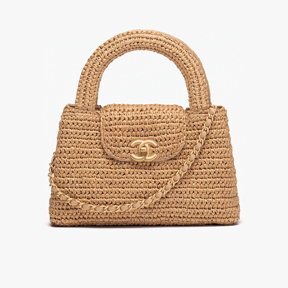 Chanel Mini Shopping Bag Braided Raffia Gold Tone Metal Dark Beige Stylish Knitted Clutch Bag Exquisite Handbag  #82382A