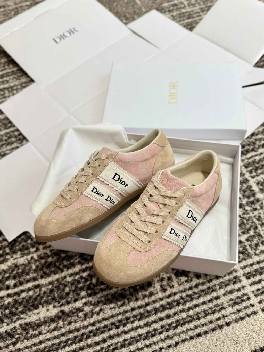 DIOR Dior Ribbon Sneaker Pink and Beige Suede Calfskin #381517