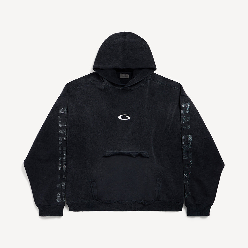 Balenciaga Top-quality version Men's Transparent Tape Ripped Pocket Hoodie in Faded Black White #376442