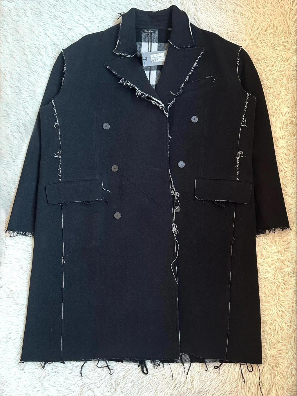 Balenciaga Men's Women's Spring. Autumn And Winter Splicing Raw Edge Lapel Double Breasted Solid Color Straight Coat Jacket Ngvp #1697