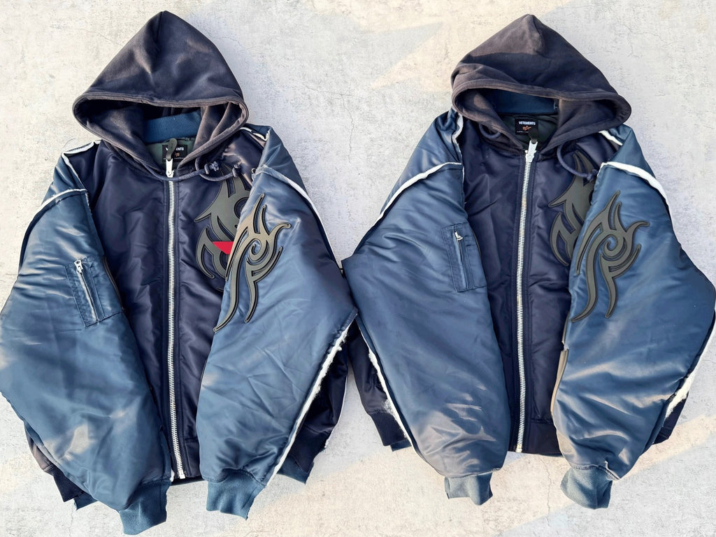 Vetements Men's Autumn And Winter Blue Hooded High Street Cotton Jacket Fashion Retro Trend Applique Zip Jacket Ngvp #9939