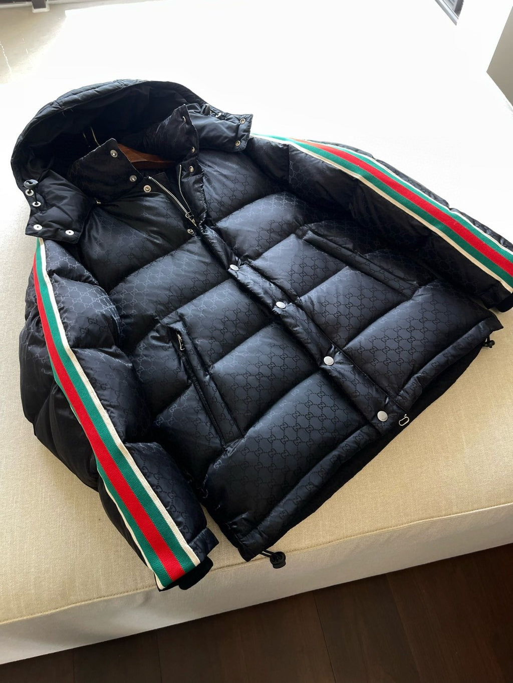 Gucci Men's Fall/Winter Black Trimmed Webbing GG Nylon Jacquard Hooded Zipper Long Sleeve Puffer Down Jacket #73728