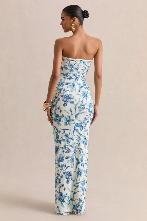Ali | Blue Porcelain Print Sweetheart Ruched Wrap Maxi Dress
