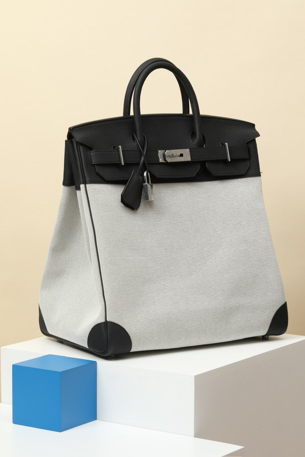 Hermes HacHaut A Courroies 40 HACG40 Women's Silver Buckle Canvas And Cowhide Colour Blocked Handbag Bag Bags #77113