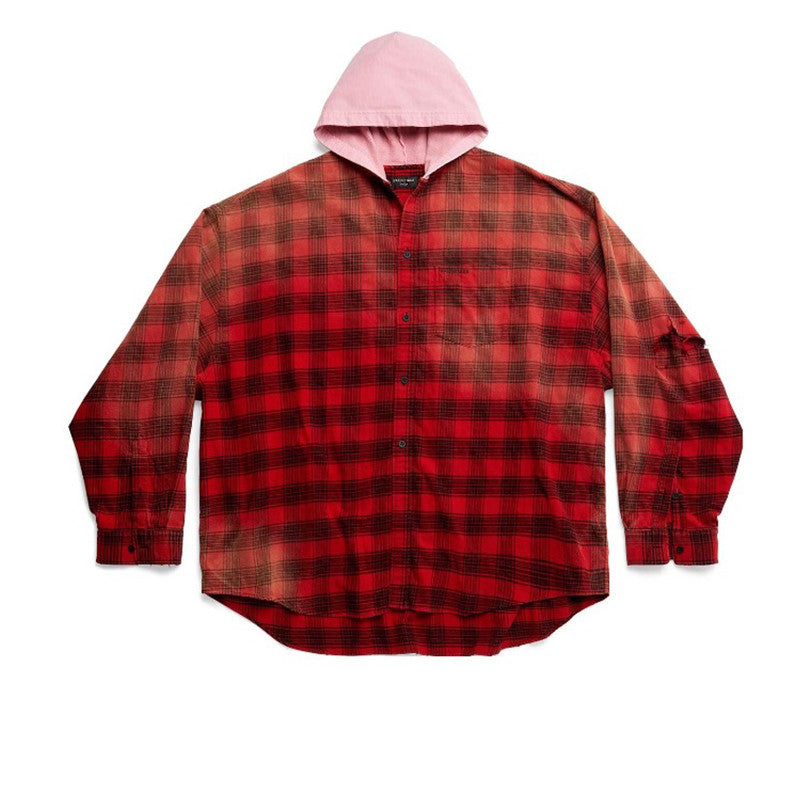 Balenciaga Men's Spring And Summer Fashion Trend Color Blocking Plaid Buttons Hooded Long-sleeved Shirt Loose Casual Ngvp #7448