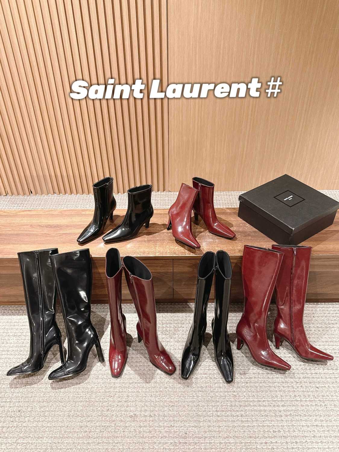 SAINT LAURENT Women's Pointed Cat Heel Long Short Red Black Boots Fashion Temperament Elegant Sexy Zipper Short Boots Shoes Ngvp #2185