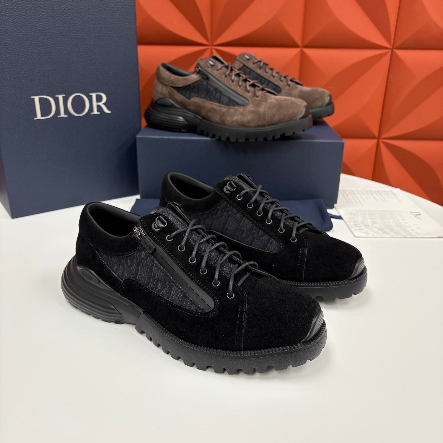 DIOR Comba Men's and Women's Spring/Summer Fashion Casual Solid Color Round Toe Lace Up Suede and Oblique Print Fabric Blend Casual Sneakers Shoes #78729