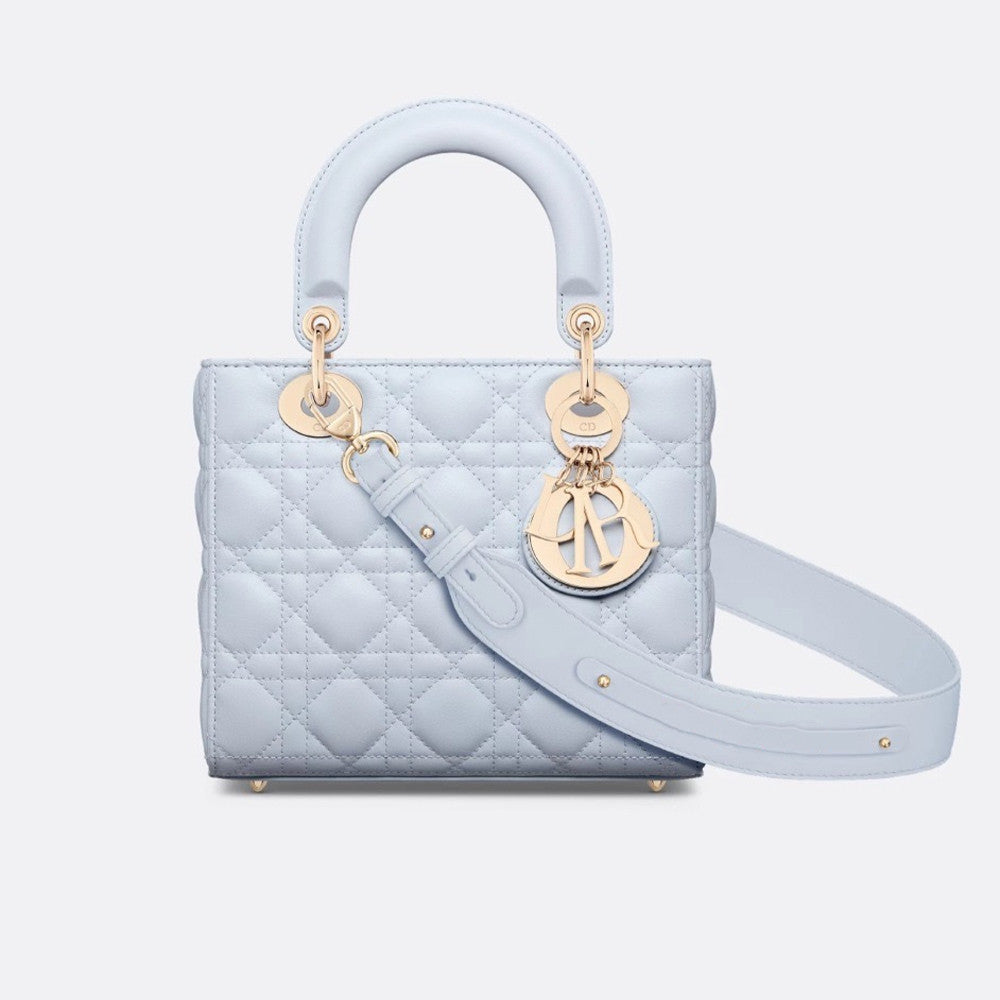 Dior Small Lady Dior My Abcdior Handbag In Glacier Blue Lambskin With Quiltoir Pattern. Four Square Compartments Black Satin Leather Featuring A Black Lacquered Clasp—princess Diana-style Crossbody Bag Bags M0538ONGE #197196