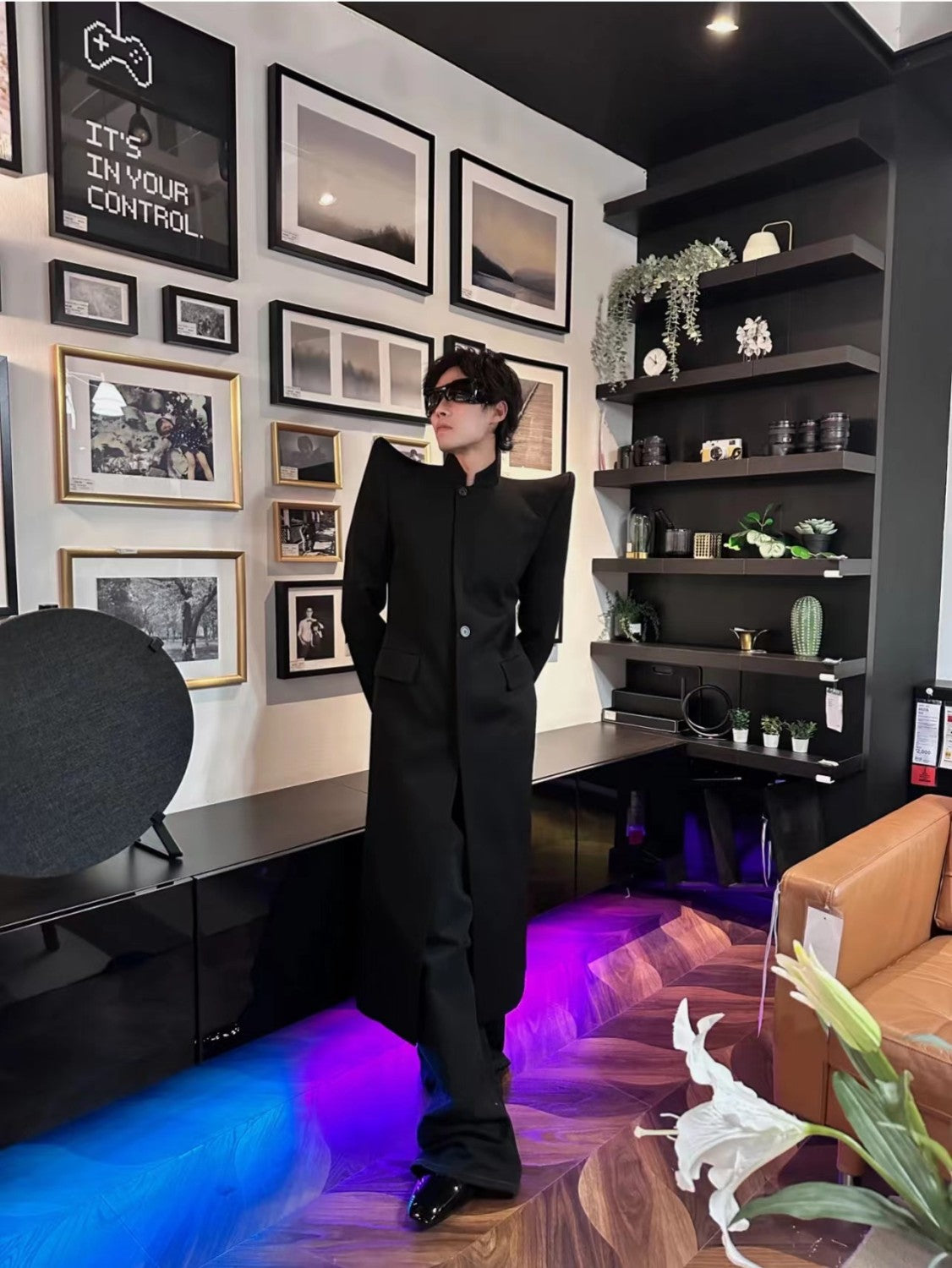Rick Owens Men's Retro High Padded Shoulder Pointed Corner Suit Black Long Standing Lapel Fashion High Street Handsome Single Breasted Jacket #71991