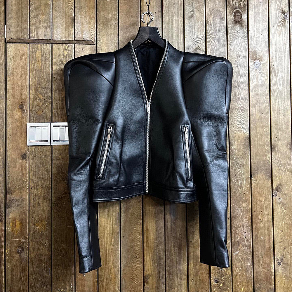 Rick Owens Men's Autumn And Winter Solid Color Short Fit Zipper Casual Leather Jacket Ngvp #6961