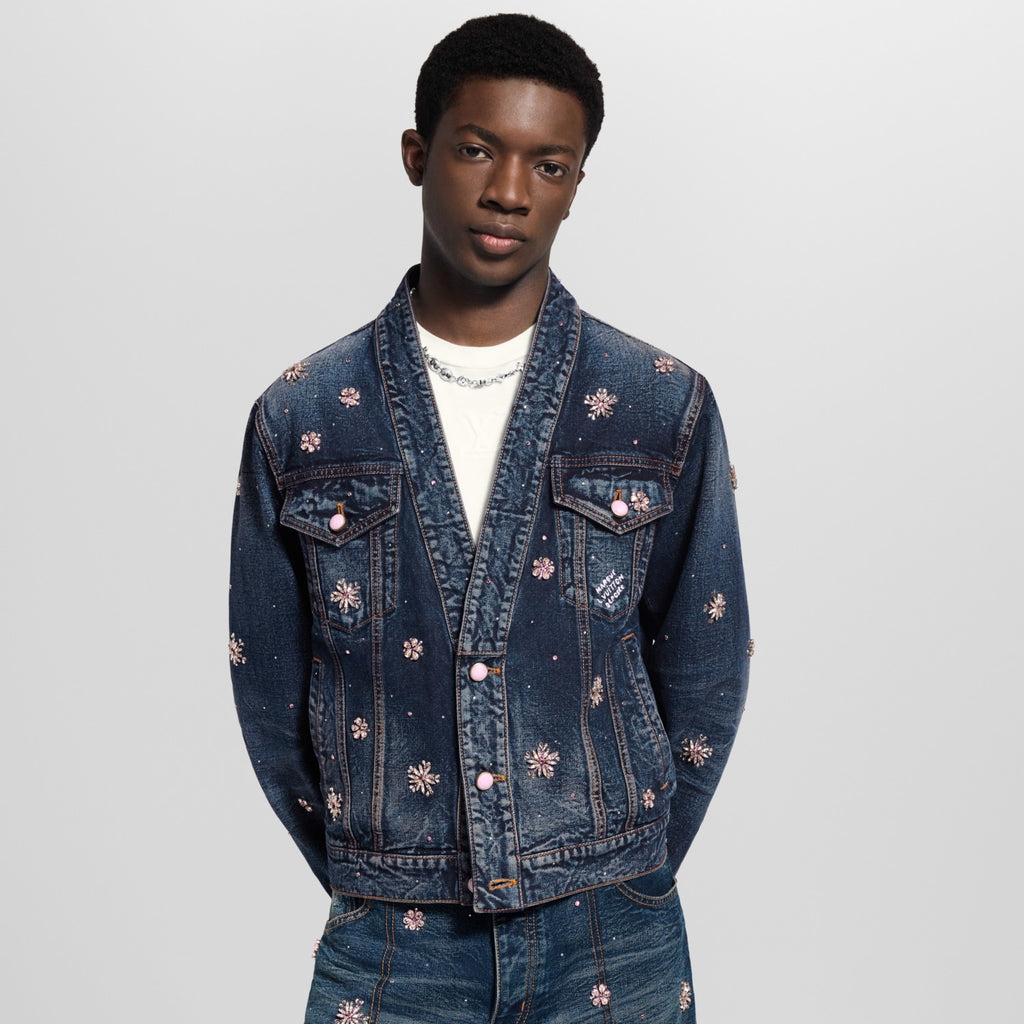 Louis Vuitton Men's and Women's Fashion Casual V Neck Embroidered Kimono Style Long Sleeve Denim Jacket  Embroidered Workwear Denim Shorts Suit Set #78735