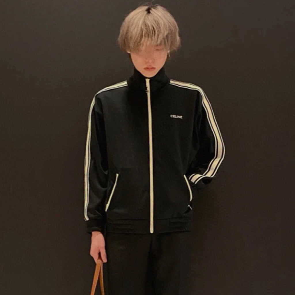 Celine Women's And Men's Spring/summer New Product Logo Sports And Casual Set Striped Letter Black Casual Loose Jacket Long Wide Leg Casual Pants #99577