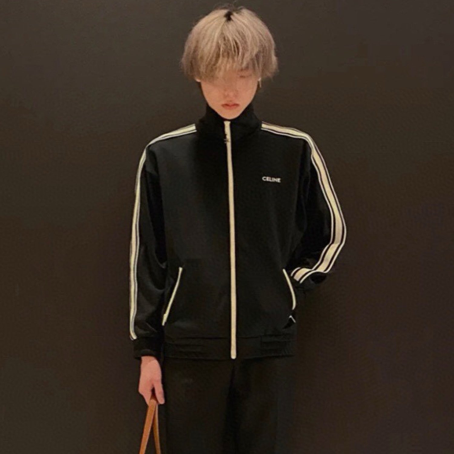 Celine Women's And Men's Spring/summer New Product Logo Sports And Casual Set Striped Letter Black Casual Loose Jacket Long Wide Leg Casual Pants #99577