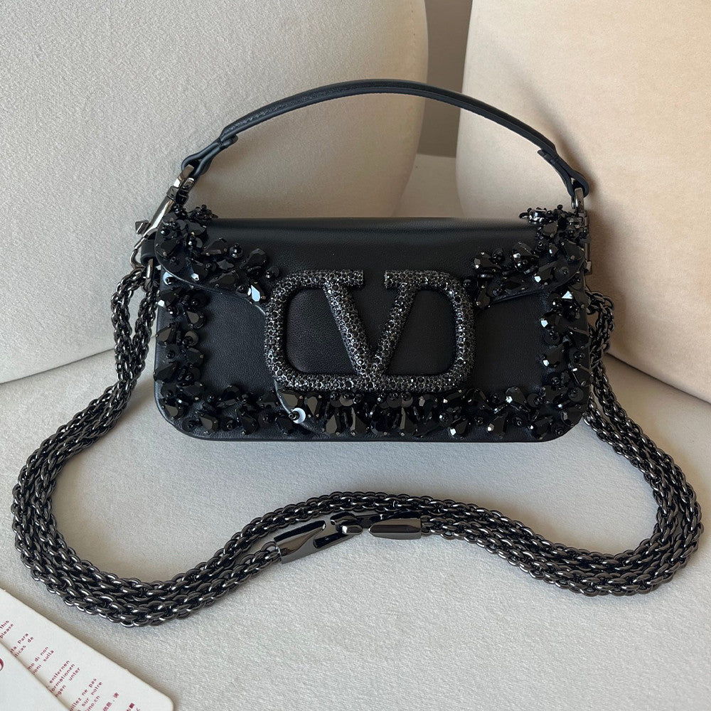 Valentino Women's Garavani Mini Loco 3d Embroidered Handbag With Swarovski Crystal Accents Vlogo Signature Magnetic Clasp Clutch With Chain Strap Bag Bags #196169