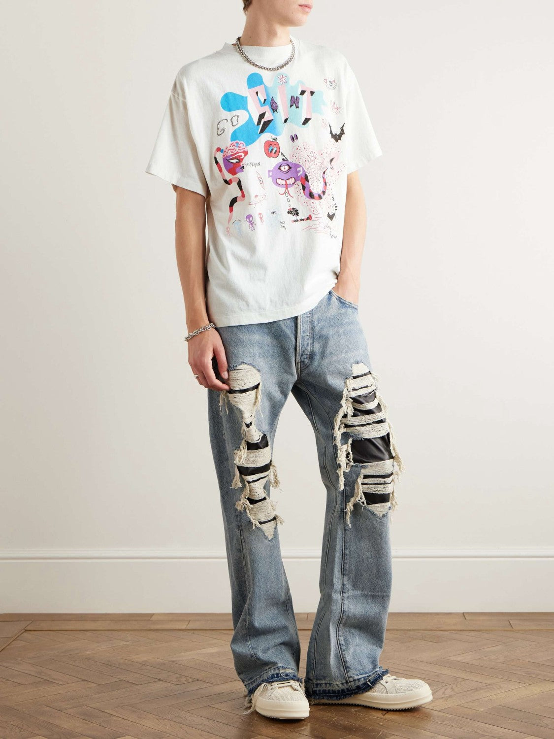 Saint Michael Men's Summer Graffiti Letter Print Casual Retro Solid Color Short Sleeve T-Shirt Ngvp #1835
