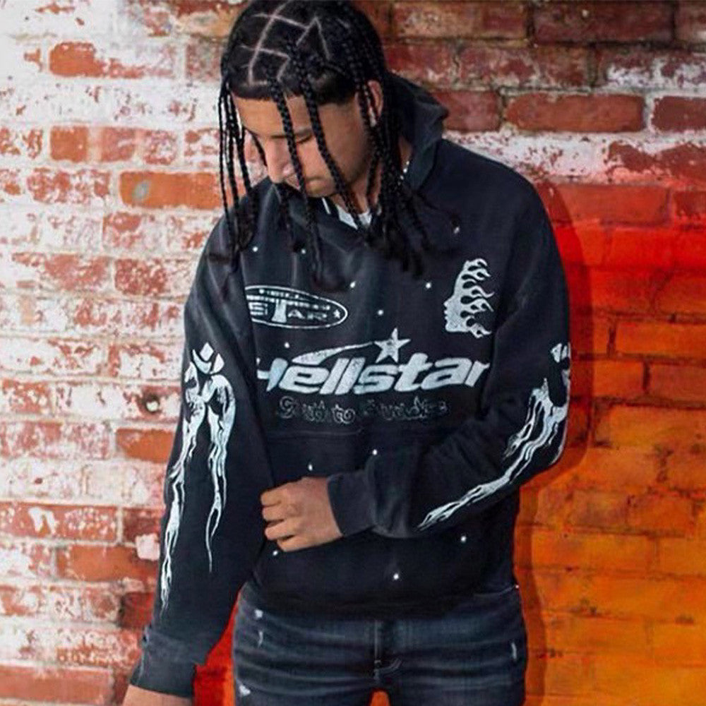 Hellstar Men's Spring and Autumn Solid Color Graffiti Washed High Street Padded Retro Hooded Long Sleeve Loose Sweats Ngvp #7498