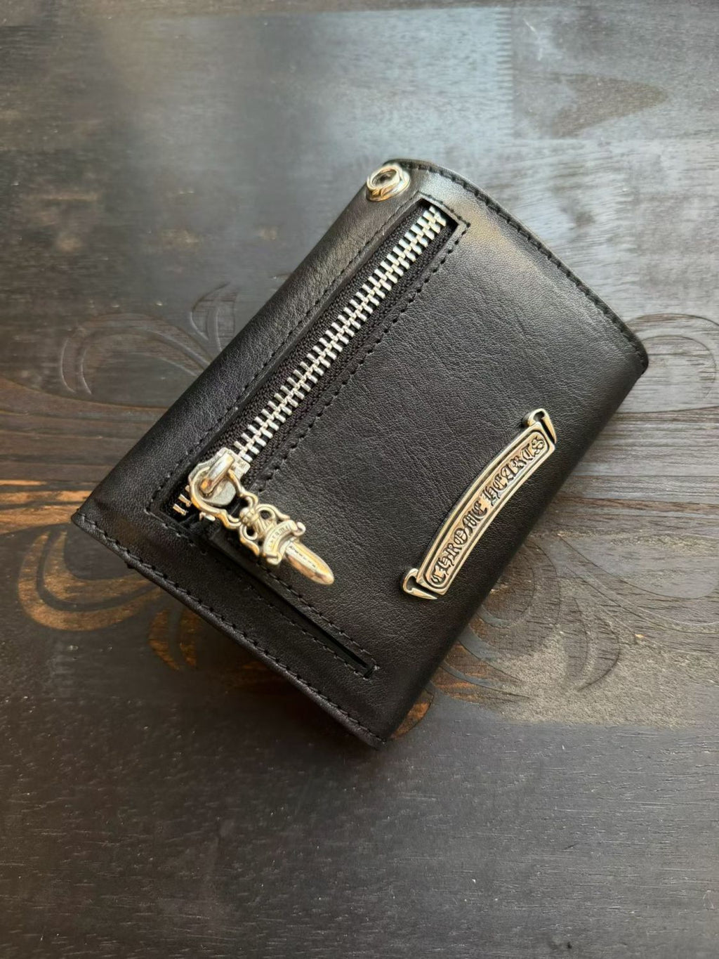 Chrome Hearts Black Tri-Fold Sword-Shaped Scroll Wallet Card Holder High-Street Fashion Trendy Zipper Mini Bag Male Bags #195954