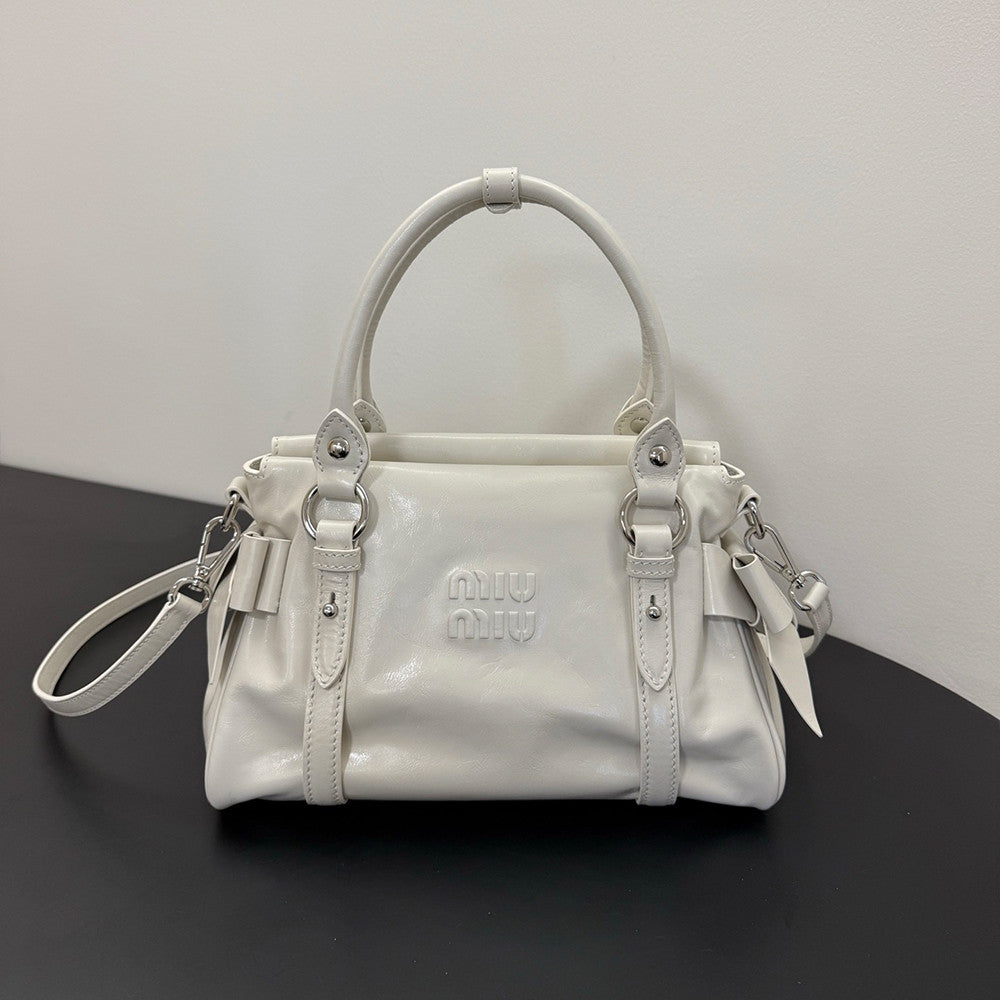 MiuMiu Women's Bow Motorcycle Bag Fashion Trend Handbag Leather Buckle Logo Letter Crossbody Bag Bags #82586A