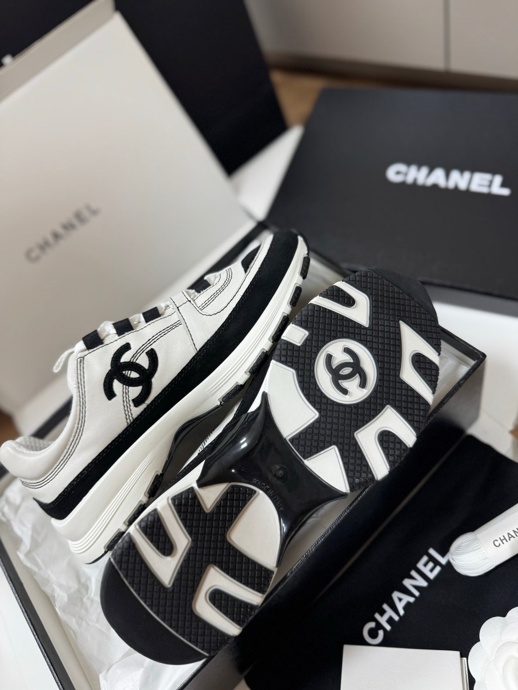 CHANEL Sneakers Calfskin Suede Calfskin White Black #381217