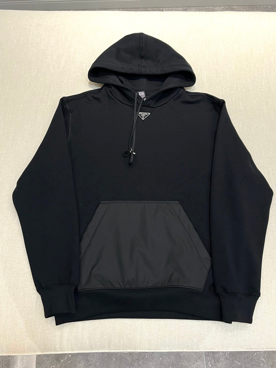 Prada Men's Spring and Fall Triangle Metal Label Black Cotton Hooded Drawstring Loose Sweatshirt Pullover #73284