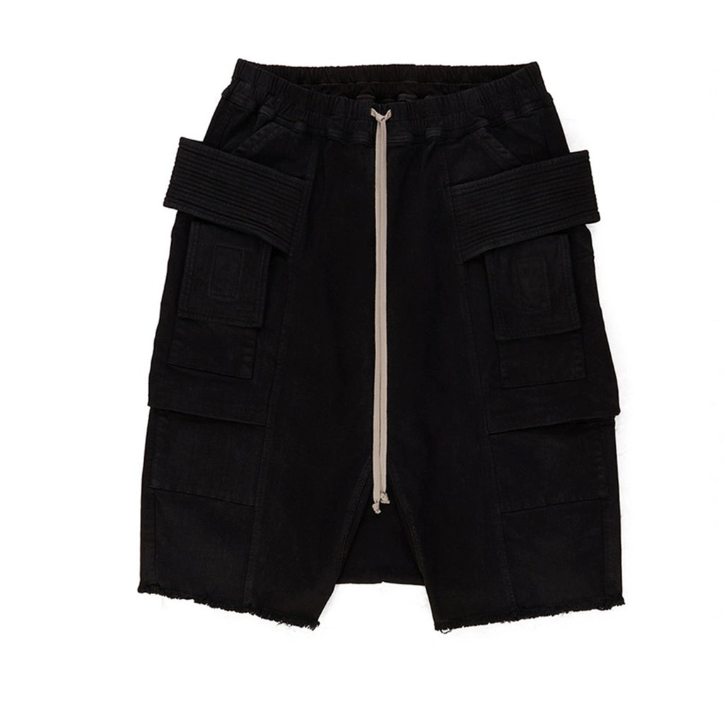 Rick Owens X Dekshdw Men's Spring/summer Vintage High Street Broken Black Distressed Denim Shorts With Drawstring Pants Ngvp #8539