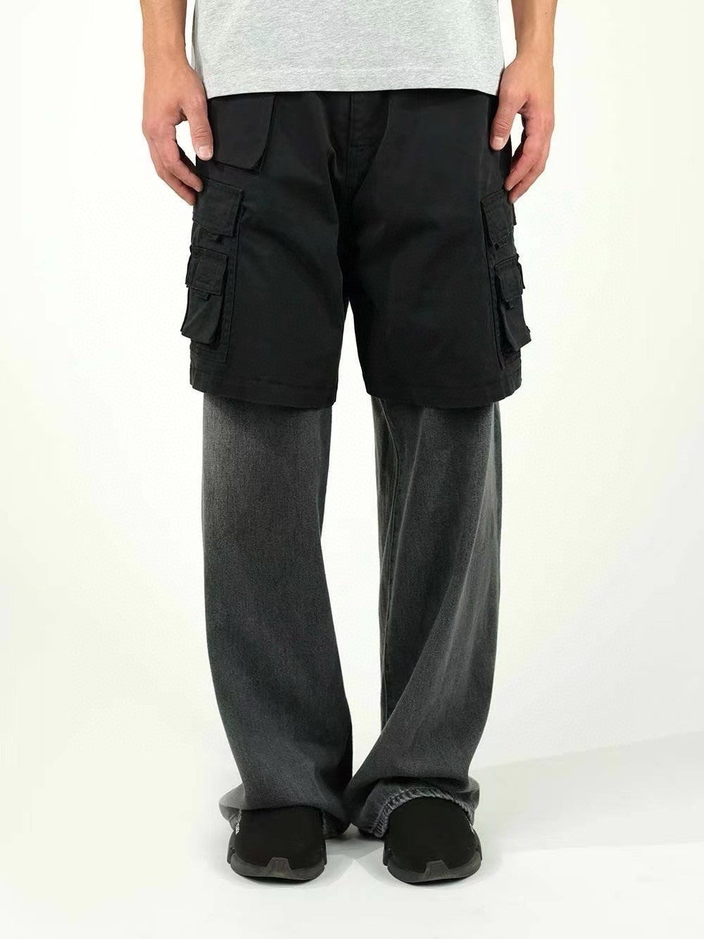 Balenciaga Men's Spring And Autumn Black Multi-Pocket Cotton Loose Work Pants Casual Spliced Denim Pants Ngvp #9165