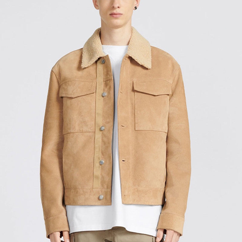 Dior Men's Autumn And Winter Solid Color Lapel Casual Single Breasted Cow Suede Lamb Collar Short Jacket #71272