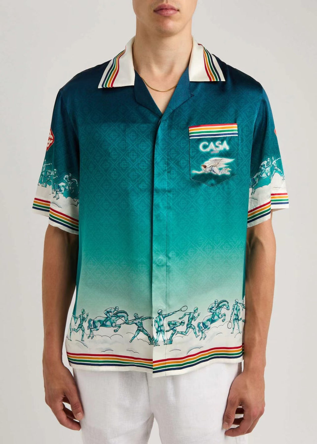 Casablanca Men's Summer Gradient Pattern Printed Lapel Loose Single Breasted Short Sleeve Shirt Tie Stretch Waistband Shorts Set Suit #73425