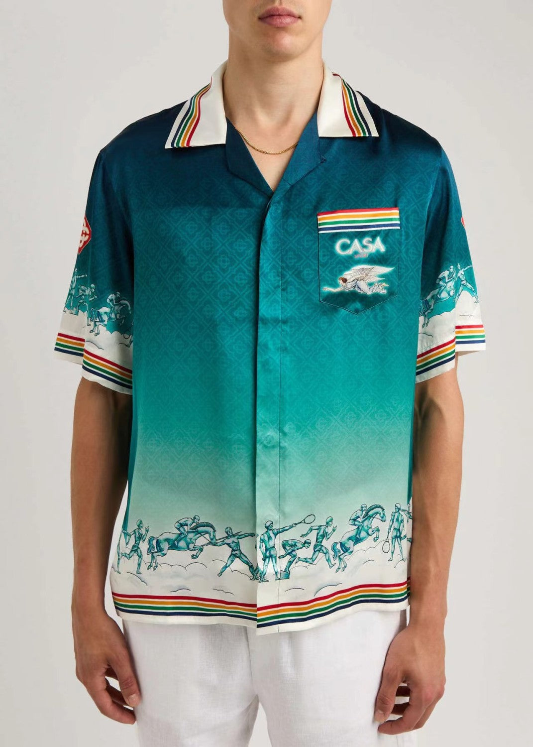 Casablanca Men's Summer Gradient Pattern Printed Lapel Loose Single Breasted Short Sleeve Shirt Tie Stretch Waistband Shorts Set Suit #73425