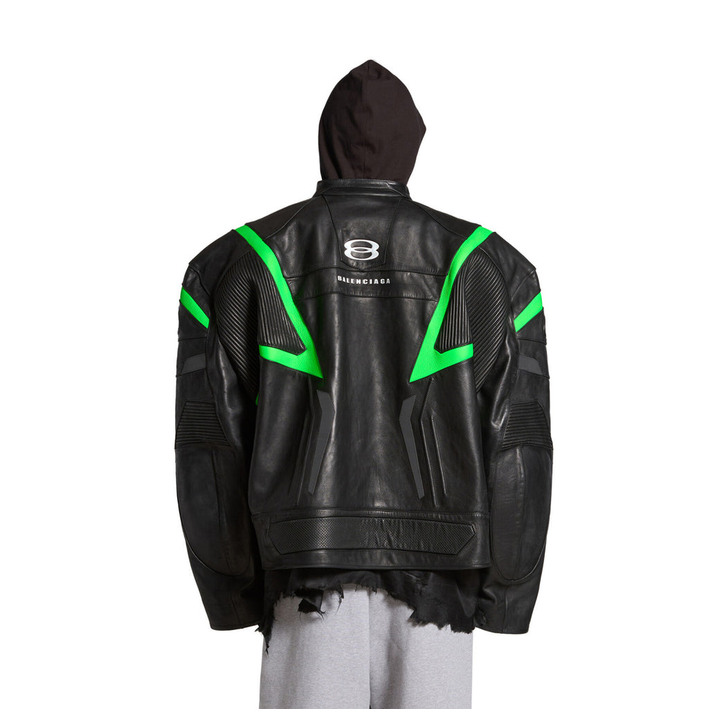 Balenciaga Men's Women's Autumn And Winter Cowhide Splicing Zipper Letters Embroidery Long Beard Loose Unity Sports Idol Black Racer Jacket Ngvp #8577