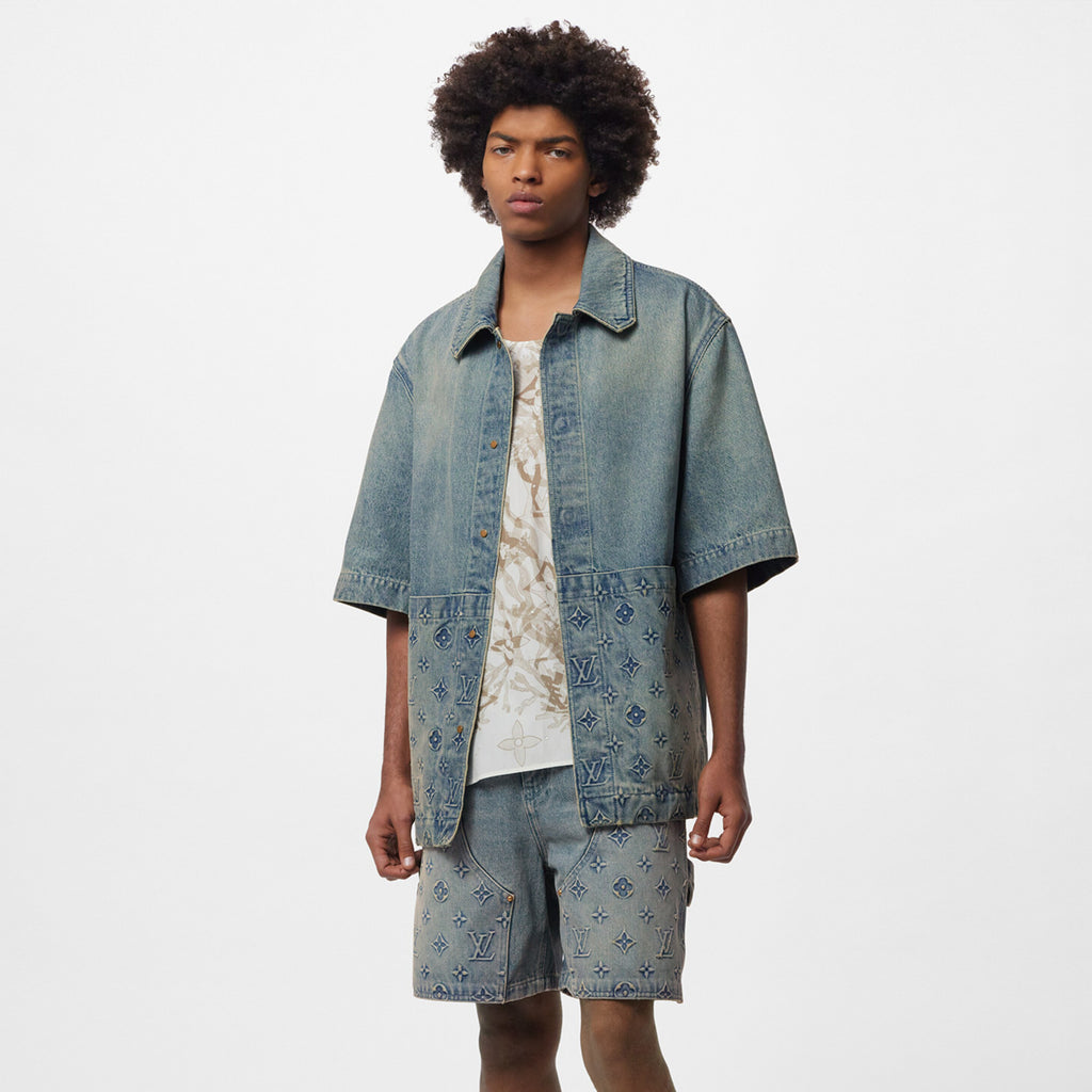 Louis Vuitton Men's Summer Fashion Casual Collared Single Button Classic Embossed Denim Short Sleeve Shirt Classic Print Zipper Mid Rise Workwear Denim Shorts Suit Set #78561