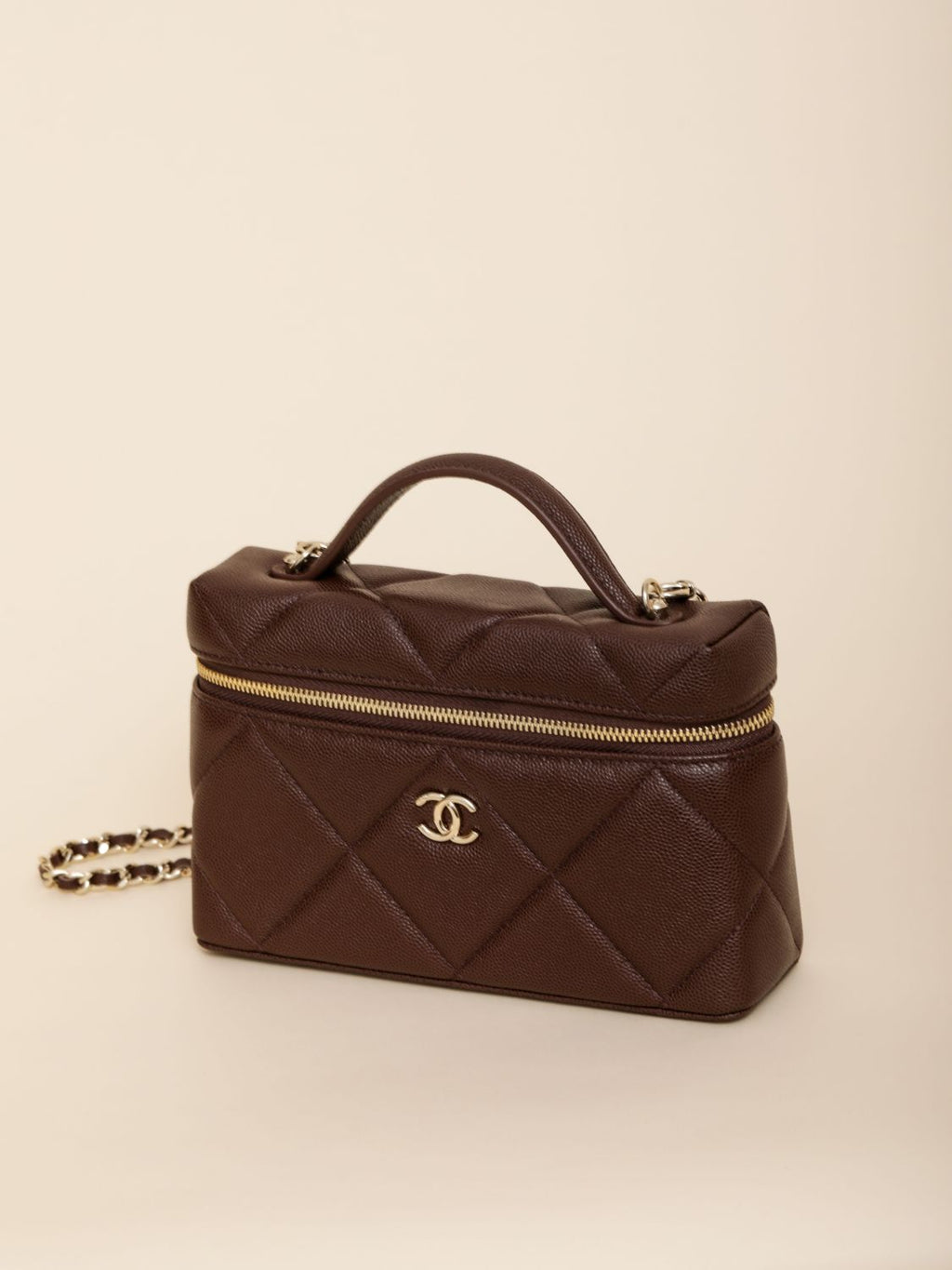 Chanel Chain Dressing Table Grained Shiny Calfskin with Gold Metal Dark Brown Fashion #332778