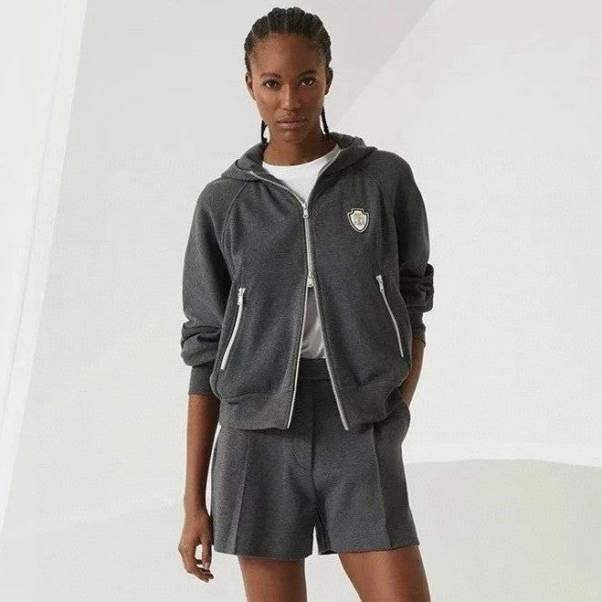Brunello Cucinelli Men's And Women's Spring/fall Fashion Casual Solid Color Hooded Zipper Jacket With Logo Trim Solid Color Elastic Waist Casual Wide Leg Pants Pants Suit Set #79265