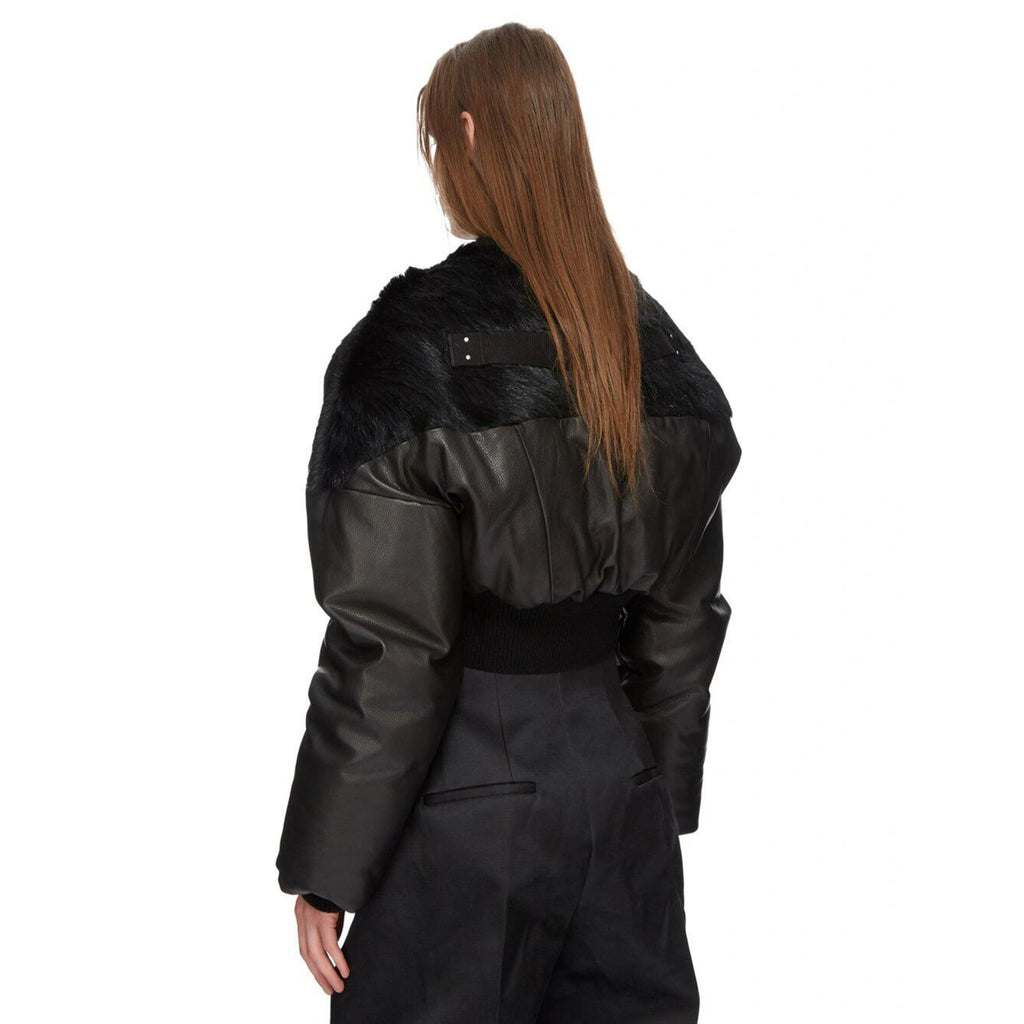 Rick Owens Men's Autumn And Winter Fur Splicing Leather Down Jacket Dark Style Fashion High Street Hip Hop Zip Short Jacket  Ngvp #9825