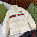 Gucci Men's And Women's Winter Fashion Casual High Neck Single Button Red Green Striped Webbing Contrast Collar Detachable Sleeves Down Jacket #79374