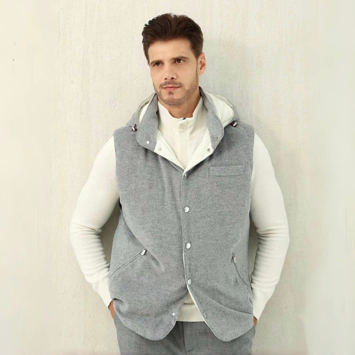 Brunello Cucinelli Men's Spring/Autumn Detachable Hooded Solid Color Single-Breasted Bonded Wool Flannel Down Vest Ngvp #2293