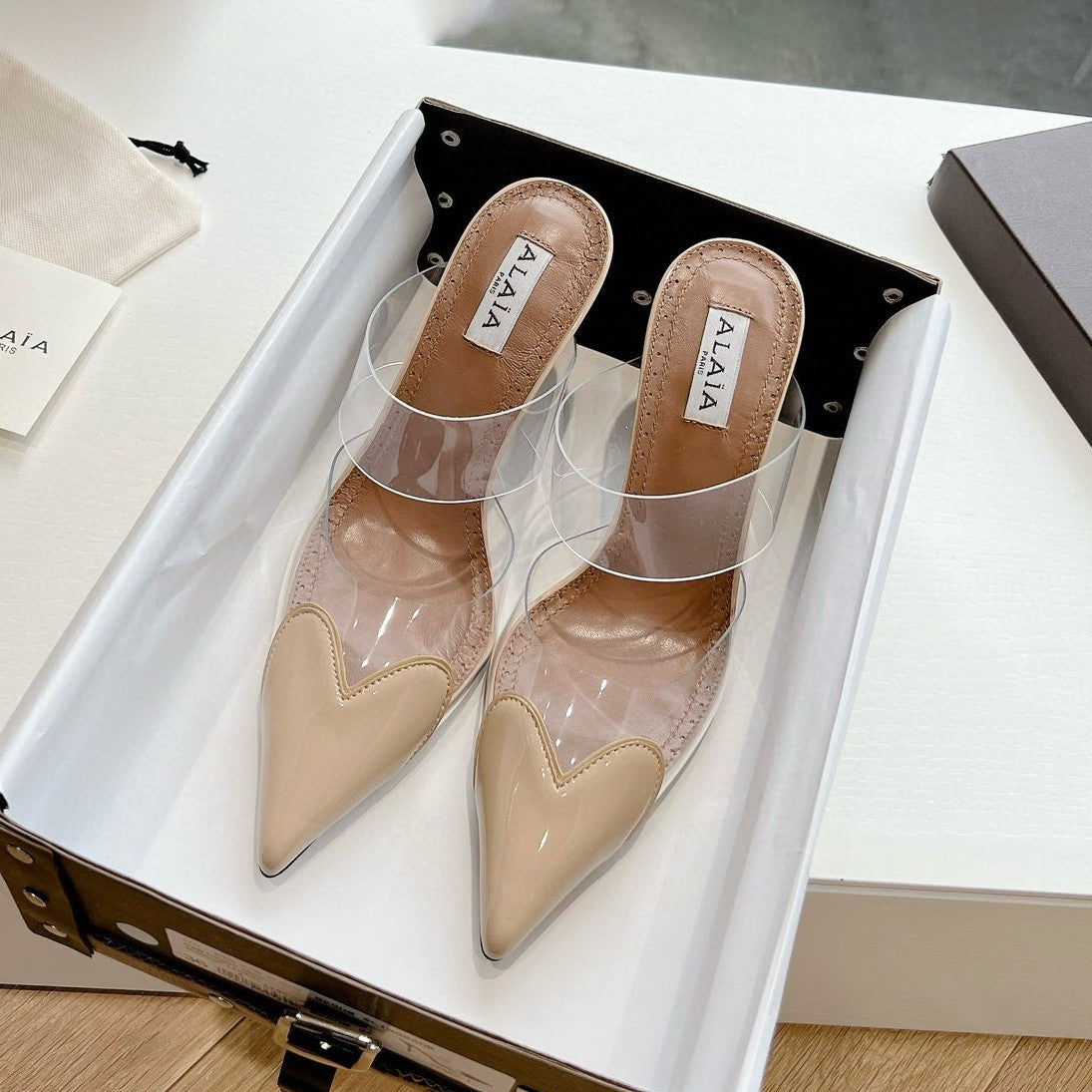 Alaia Women's Summer Fashion Elegant Pointed Toe Heart Shaped Mule Stiletto Leather Sole High Heels #78328
