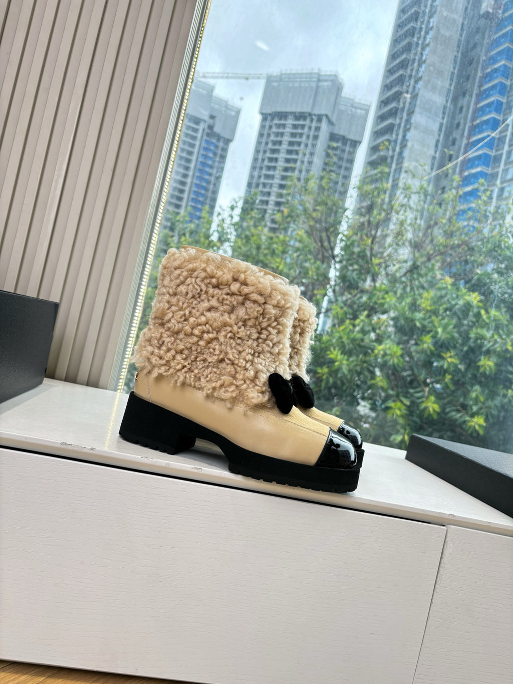 Chanel Short Boots Shearling Lambskin Calfskin Lambskin Patent Calfskin Beige Black #334244
