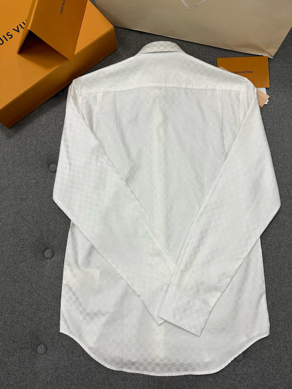 Louis Vuitton Men's DNA Collar Regular Spring and Autumn White Buttoned Lapel Checkerboard Print Long Sleeve Shirt #98172