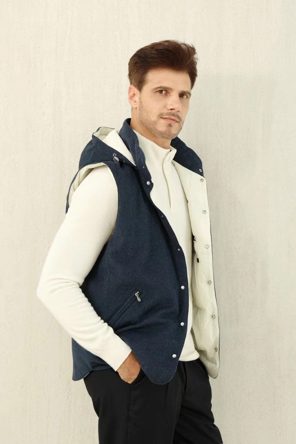 Brunello Cucinelli Men's Spring/Autumn Detachable Hooded Solid Color Single-Breasted Bonded Wool Flannel Down Vest Ngvp #2293