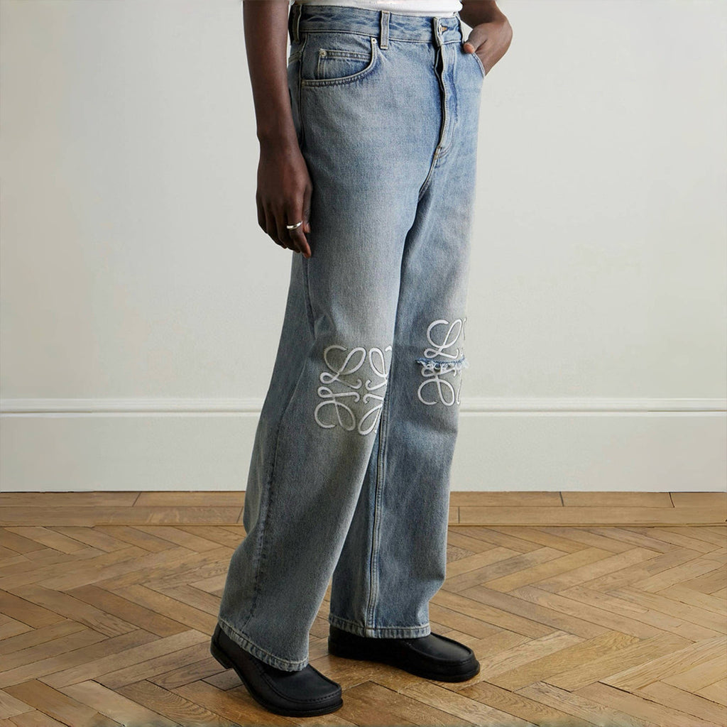 Loewe Men's Four Seasons Anagram Baggy Jeans Cotton Washed Hollow Slash Logo Trousers Pants #76834