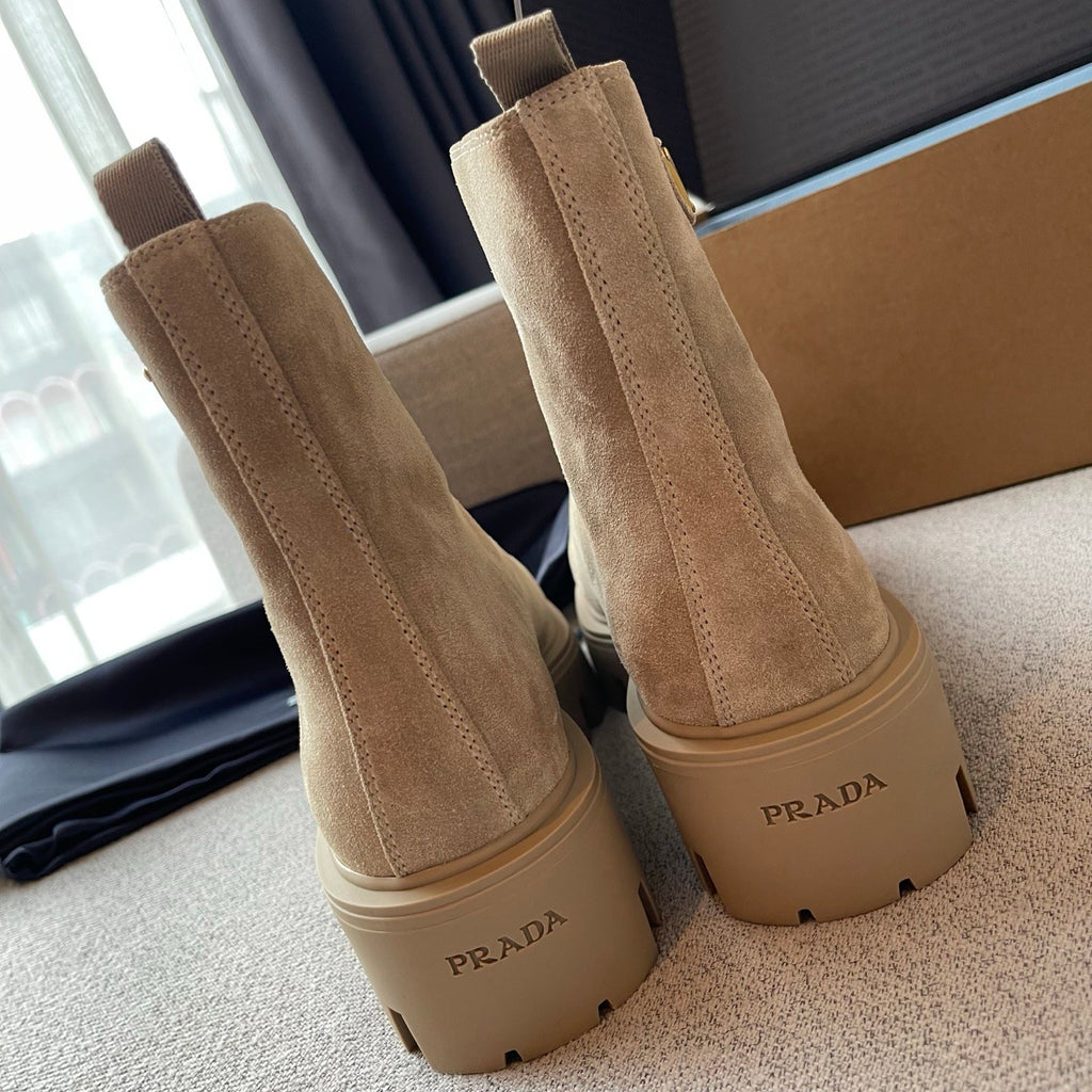 Prada Women's Fall/winter Fashion Classic Round Toe Slip On Suede Chunky Heel 4.5cm Classic Triangle Logo British Style Vintage Short Boots Shoes #79234
