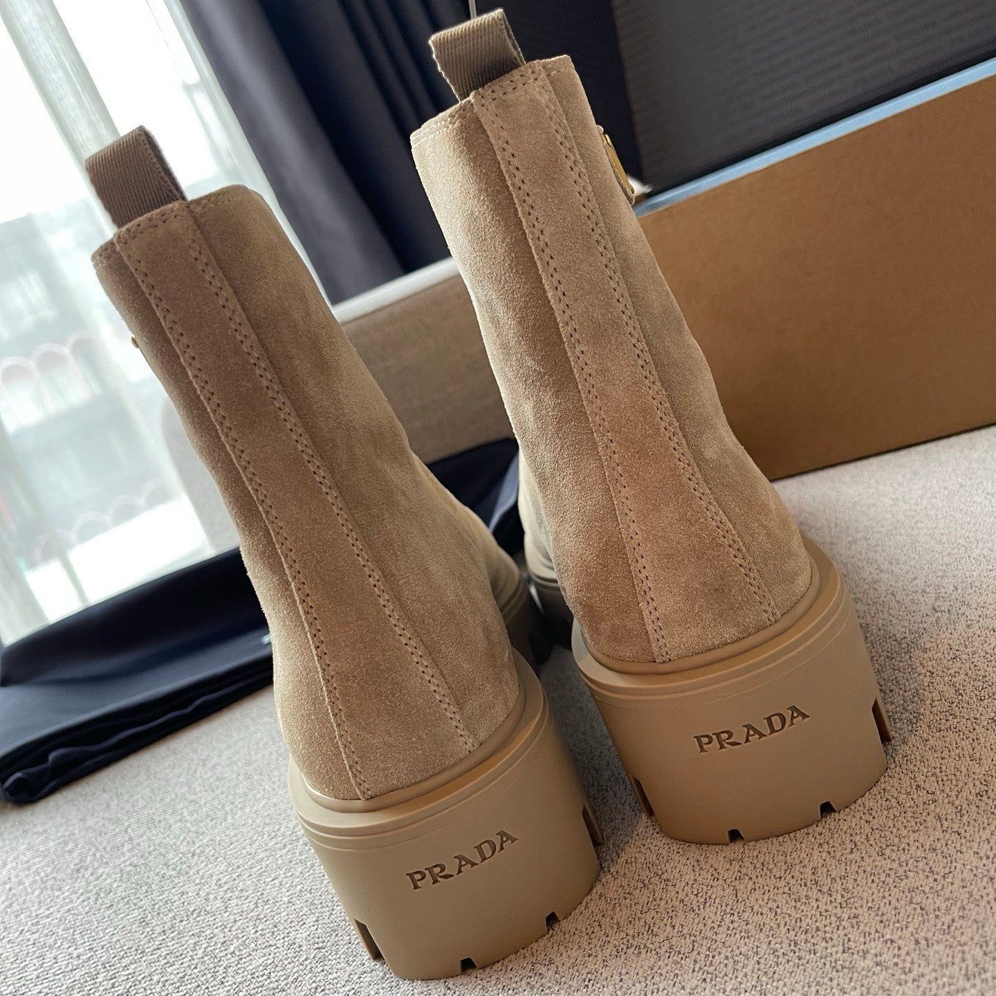 Prada Women's Fall/winter Fashion Classic Round Toe Slip On Suede Chunky Heel 4.5cm Classic Triangle Logo British Style Vintage Short Boots Shoes #79234