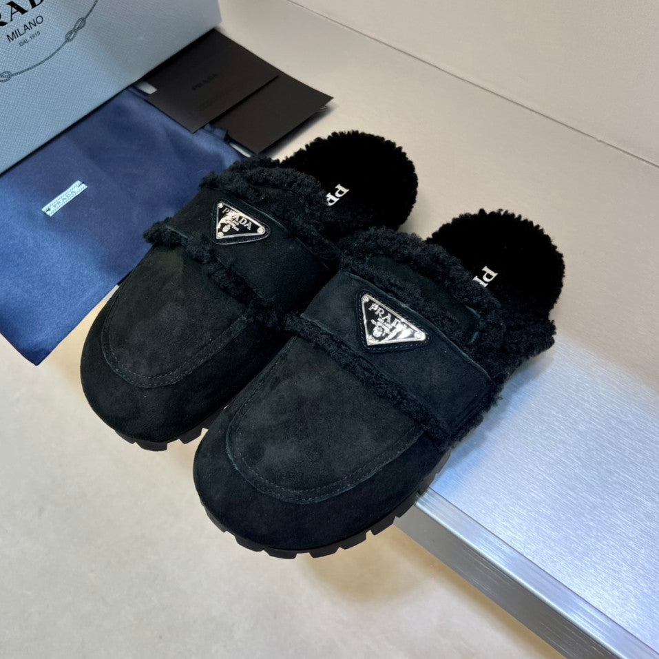 Prada Women's Fall/Winter Fashion Casual Round Toe Open Back Classic Logo Triangle Label Shearling Slippers Shoes #79521