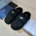 Prada Women's Fall/Winter Fashion Casual Round Toe Open Back Classic Logo Triangle Label Shearling Slippers Shoes #79521
