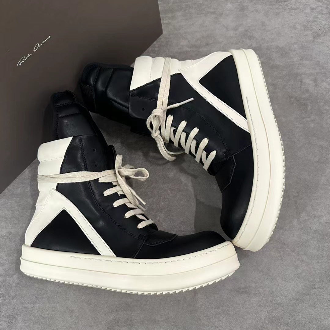 Rick Owens Men's Spring/Fall Fashion Casual Round Toe Lace Up Leather Zipper Thick Sole High Top Sneakers Shoes #78569